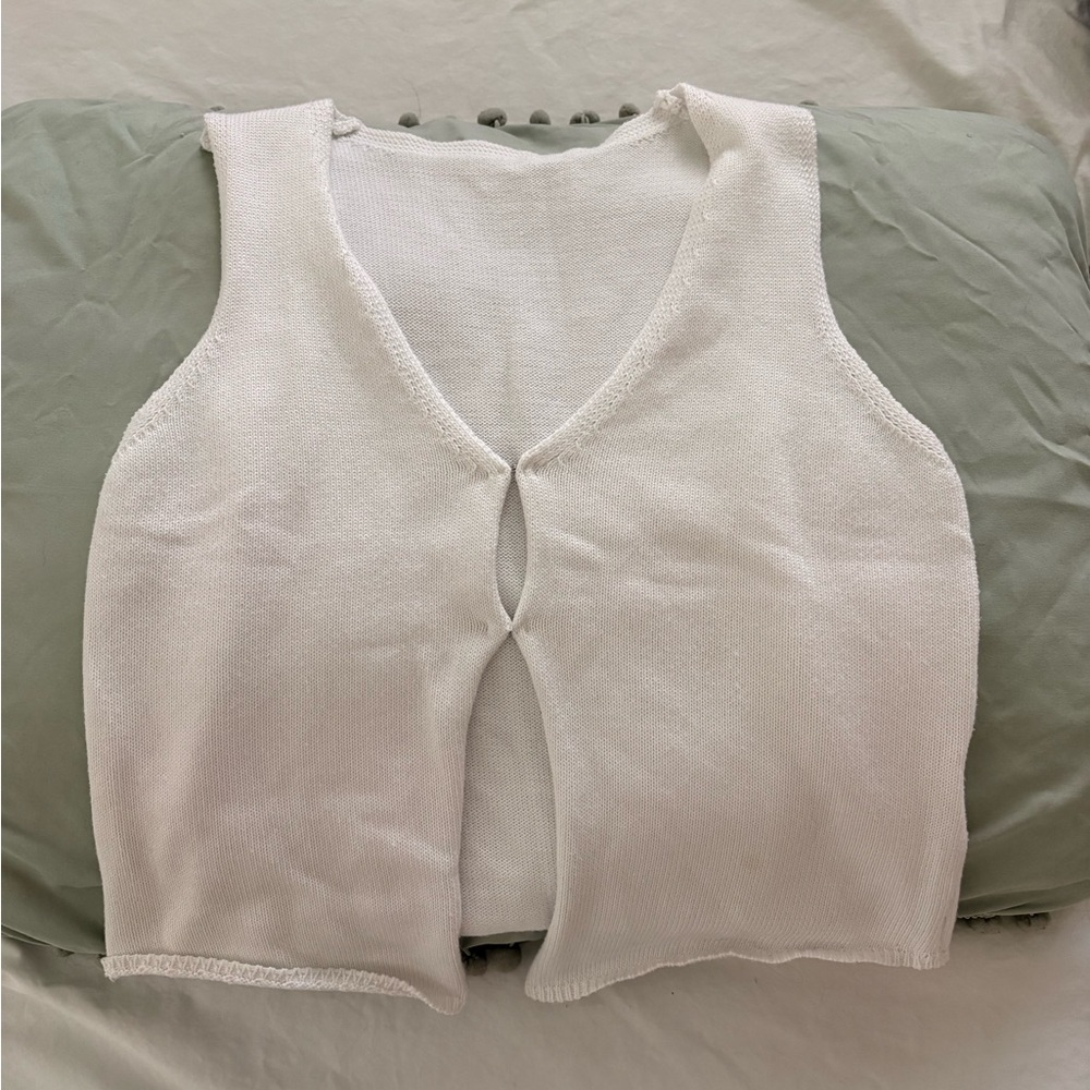 White Knit Sleeveless Button Top